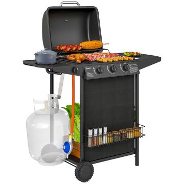 Outsunny Grătar pe Gaz cu Capac, Termometru, Masă Laterală și Tavă pentru Colectarea Grăsimii, 108x54x97 cm, Negru | Aosom Romania