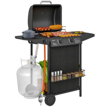 Outsunny Grătar pe Gaz cu Capac, Termometru, Măsuță Laterală și Tavă pentru Colectarea Grăsimii, 107x54x96 cm, Negru | Aosom Romania