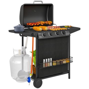 Outsunny Grătar pe Gaz cu Capac, Termometru, Măsuță Laterală și Tavă pentru Colectarea Grăsimii, 121x54x97 cm, Negru | Aosom Romania