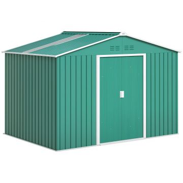 Outsunny Șopron pentru Unelte cu Acoperiș Înclinat și Uși Glisante Duble, 277x195x192 cm, Verde Închis | Aosom Romania