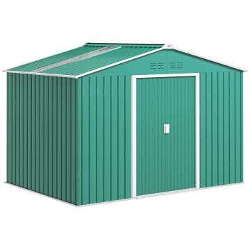 Outsunny Șopron pentru Unelte cu Acoperiș Înclinat și Uși Glisante Duble, 277x195x192 cm, Verde Închis | Aosom Romania
