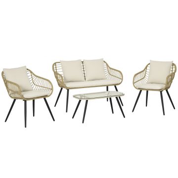 Outsunny Set Mobilier de Grădină din 4 Piese cu Canapea, 2 Fotolii cu Perne Lavabile și Măsuță, 120x65x78 cm, Bej | Aosom Romania
