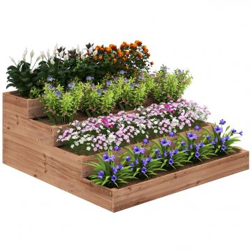 Outsunny Strat Înălțat de Grădină cu 4 Niveluri, Jardinieră de Balcon cu Bază Deschisă și Căptușeală, 113x113x46 cm, Maro | Aosom Romania