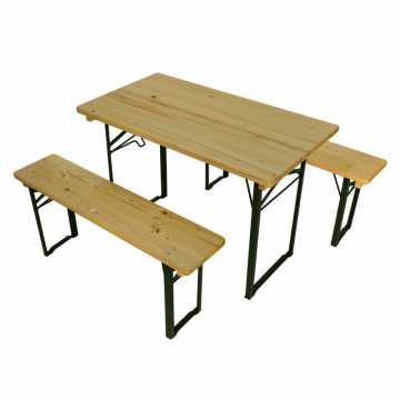 Set berarie pliabil masa si 2 banci Bucin Mob Travel, dreptunghiulare, lemn masiv rasinoase, natur, 1.1 x 0.5 m