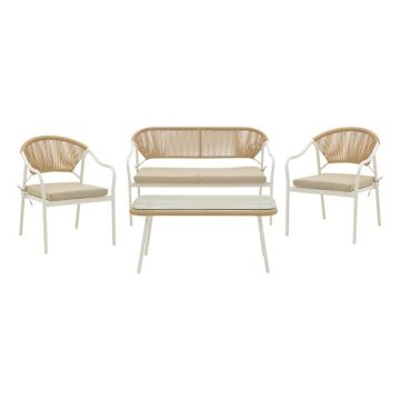 Set Canapea de gradina, fotolii si masa (4 piese), Model Bonanza, culoare alb si bej, aluminiu si poliratan