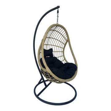 Cuib de leagan Cungo cu suport din metal negru - ratan PE bej cu perne negre 125x105x195cm 105x125