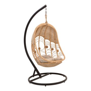 Leagăn Labreone pakoworld ratan în culoare Naturală-negru metal-bej pernă 82x82x200cm