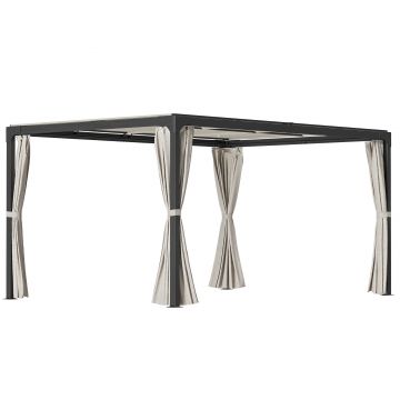 Outsunny Foisor cu pergola 3 x 3 (m) cu acoperis extensibil, Adapost cu copertina cu pergola retractabila cu perdele, Cadru din aluminiu pentru gradina, peluza, curte si terasa, bej | Aosom Romania