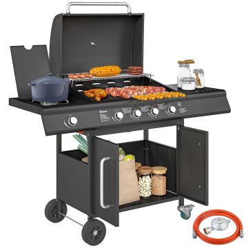 Outsunny Grătar pe Gaz cu Dulăpior, Capac, Măsuță Laterală și Tavă de Colectare a Grăsimii, 129,5x56x110 cm, Negru | Aosom Romania