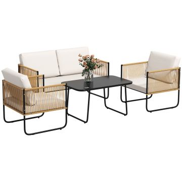 Outsunny Set Mobilier de Grădină din 4 Piese cu Canapea, 2 Fotolii și Măsuță, 110x61x63 cm, Alb Crem | Aosom Romania