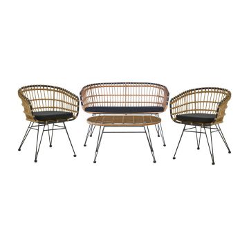 Set Lounge Naoki din 4 piese de ratan Natural PE cu structura neagra din metal si sticla, 148x70x72cm 70x148