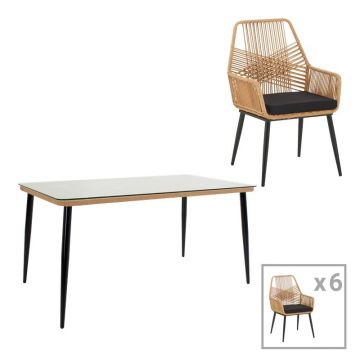 Set masă și scaune de exterior, 7 Piese, Model Naoki-Tanish, Natural/Negru, 160x90x78 cm