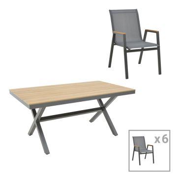 Set masa Thorio-Azelie 7 pakoworld antracit aluminiu si placaj in nuanta Naturala 160x90x75cm