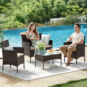 Set mobilier pentru gradina/terasa 4 piese, Lounge, otel/polietilena/sticla temperata, maro/grej