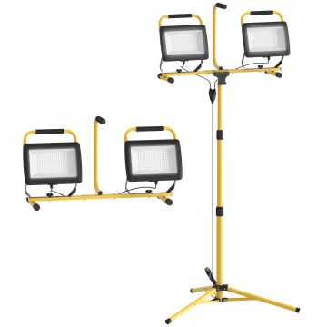 HOMCOM Lampă de Lucru LED Rezistentă la Intemperii cu Două Capete și Suport cu Trepied, 75x62x170 cm, Galben | Aosom Romania