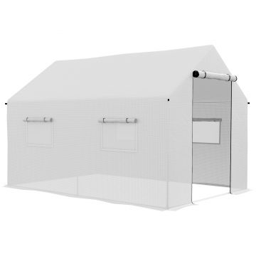 Outsunny Seră de grădină tunel 2 x 3m, 6m² cu ușă rulantă, 4 ferestre, - Oțel galvanizat PE Înaltă densitate Alb | Aosom Romania