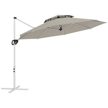 Outsunny Umbrelă suspendată 3 x 2,5 m cu manivelă, bază în formă de cruce, inclinabilă și rotativă la 360°, dublu acoperiș, gri | Aosom Romania