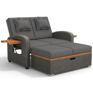 Set de fotolii lounge pentru grădină pentru 2 persoane, spătar reglabil, cu suport pentru picioare sau utilizabil ca pat de exterior, 120x74x95 cm, Gri