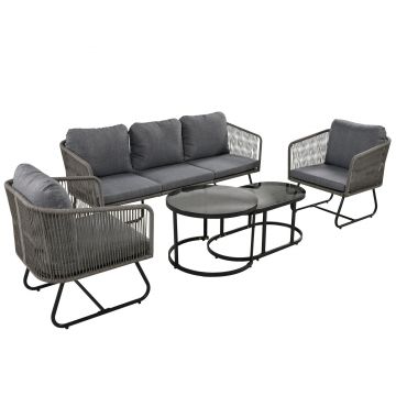 Set de lounge de grădină din 5 piese cu frânghie, picioare reglabile, blat de masă din sticlă netedă, inclusiv perne de șezut și spate, Gri