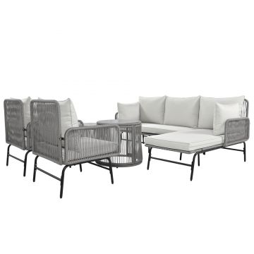 Set de lounge de grădină din 6 piese, frânghie împletită manual cu cadru din fier, 2x fotolii, 2x canapele cu 2 locuri și 2x mese, Gri