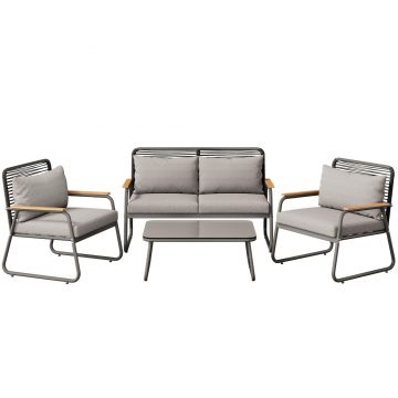 Set de lounge pentru grădină pentru 4 persoane, cu canapea dublă, 2 canapele individuale și 1 măsuță de cafea, Gri