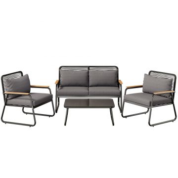 Set de lounge pentru grădină pentru 4 persoane, cu canapea dublă, 2 canapele individuale și 1 măsuță de cafea, Negru