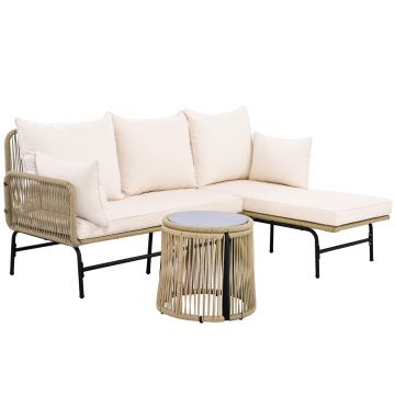 Set de mobilier de grădină cu cadru din fier, acoperit cu frânghie împletită manual și design în formă de L, Bej