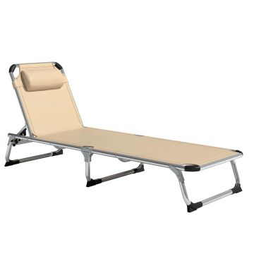 Outsunny Șezlong de plajă, Pliabil cu suport pentru cap, spătar reglabil, aluminiu și textilene, bej | Aosom Romania