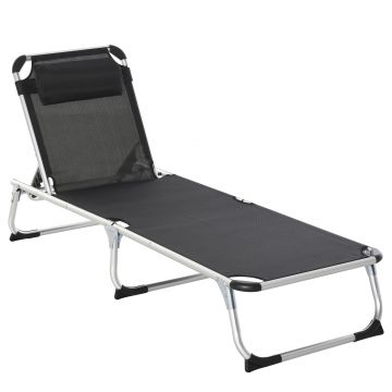 Outsunny Șezlong soare pliabil șezlong de grădină cu pernă de cap șezlong de camping până la 120 kg pentru parcuri în aer liber, grădină, negru | Aosom Romania