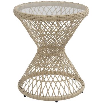 Outsunny Masă de cafea Boho design, placă de sticlă, PE-Rattan, 45 cm x 45 cm x 52 cm, Natural | Aosom Romania