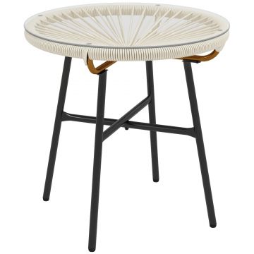 Outsunny Masă de cafea rotundă de grădină din rășină imitație rotin metal și blat sticlă temperată Ø 50 x 50 cm crem | Aosom Romania