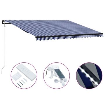 vidaXL Copertină retractabilă senzor vânt & LED albastru/alb 500x300cm